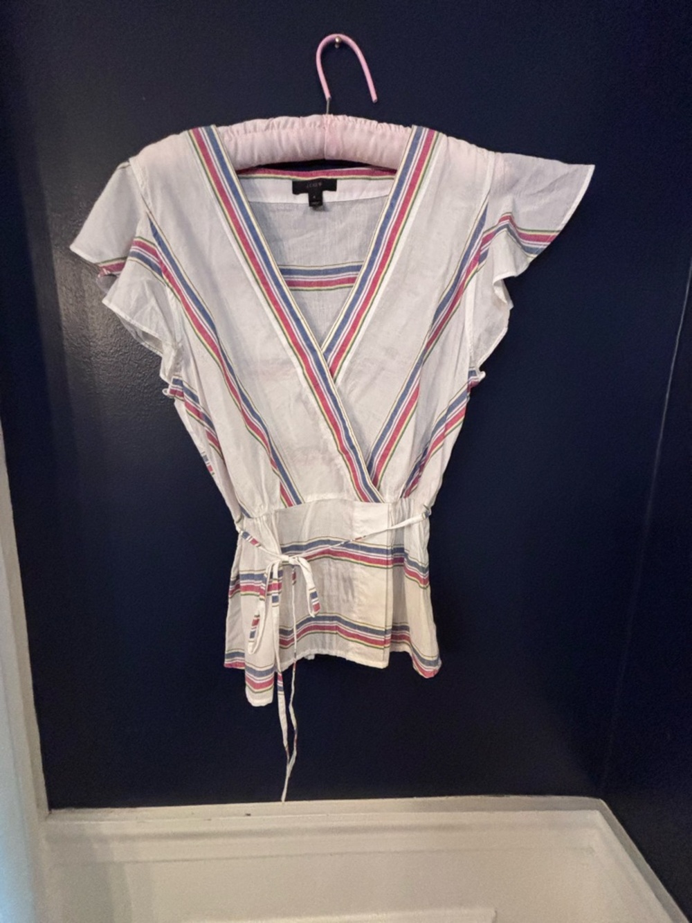 J. Crew Women's Striped V-Neck Flutter Sleeve Tie Waist Wrap Blouse SZ 6